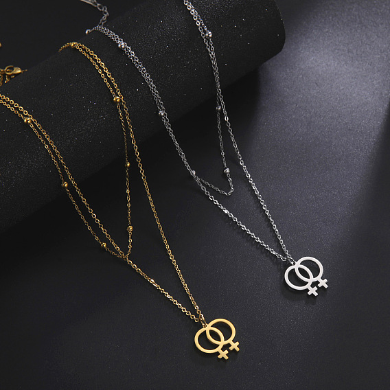 304 Stainless Steel Pendant Double Layer Necklaces, Female Symbol