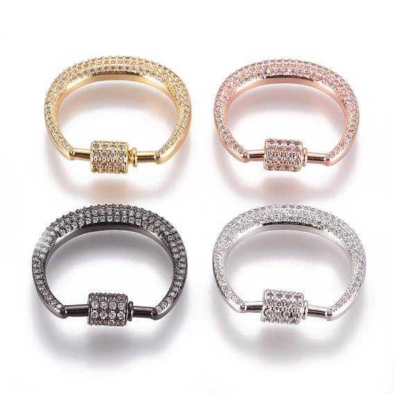Brass Micro Pave Cubic Zirconia Screw Carabiner Lock Charms, for Necklaces Making, Oval