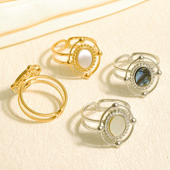 304 Открытые кольца-манжеты из нержавеющей стали с натуральными ракушками для женщин, овальные