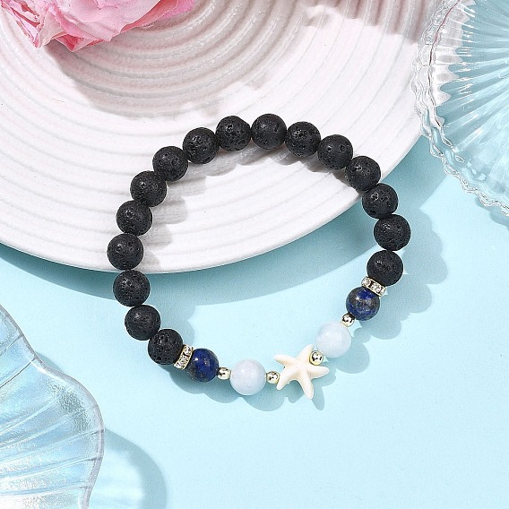 Женские браслеты из круглых бусин из натуральной лавы, лазурита и окрашенного кварца, морская звезда, с синтетическими бирюзовых бус