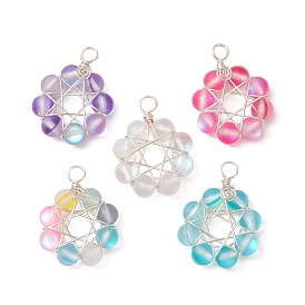 Подвески из круглых бусин из матового синтетического лунного камня, медные ювелирные изделия проволочные подвески-пентаграммы, серебряный цвет гальваническим