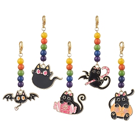5 pcs 5 styles Halloween chat alliage émail pendentif décorations, Perles turquoise synthétiques et fermoirs à pinces de homard, breloques pour ornements de porte-clés de sac