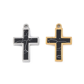 Ion Plating(IP) 304 Stainless Steel Pendants, Synthetic Turquoise Dyed Cross Charms, Black