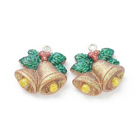Resin Pendants, for Christmas Festival, with Platinum Iron Peg Bail, Glitter Powder, Bells