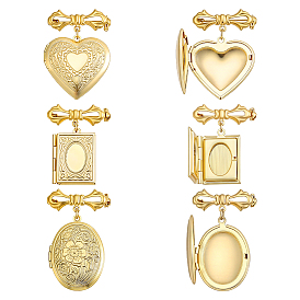 6шт. 3 стили латунные броши, с подвесками медных мешков, сердце, прямоугольник и овал