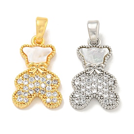 Brass Micro Pave Clear Cubic Zirconia Pendants, with Shell, Bear