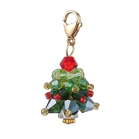 Christmas Tree Glass Pendant Decorations, Stainless Steel Lobster Claw Clasps Charms for Backpack Ornaments