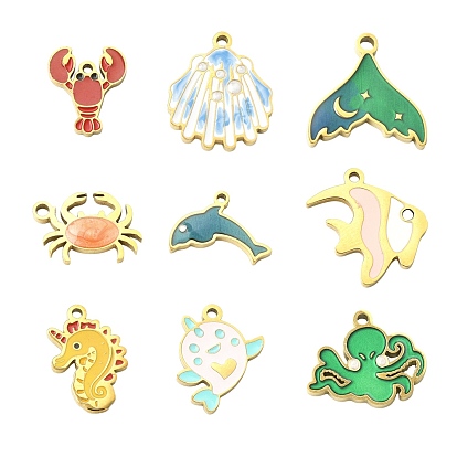 9 шт. 9 стили 304 эмалевые подвески из нержавеющей стали, ионное покрытие (ip), Тема океана, золотые