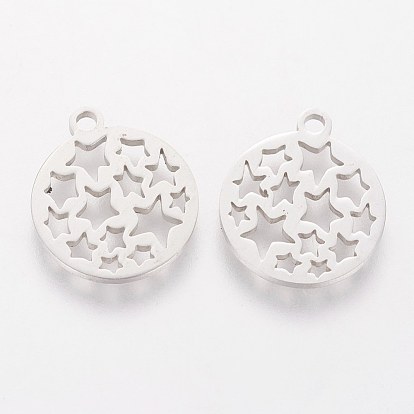 201 Stainless Steel Pendants, Laser Cut, Hollow, Flat Round with Star
