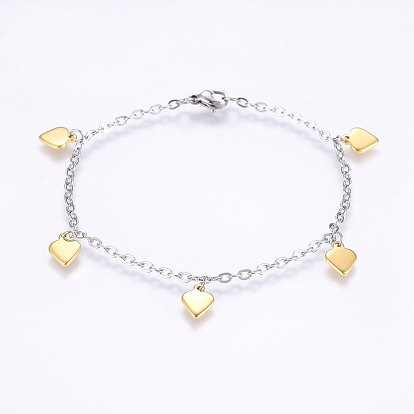 304 Stainless Steel Charm Bracelets, with Lobster Claw Clasps, Heart