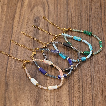 Bohemian Dyed Synthetic Gemstone Cuboid and Glass Beaded Bracelets with 304 Stainless Steel End Chains
