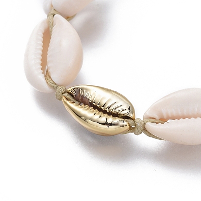 Adjustable Waxed Cotton Cord Braided Bead Bracelets, with Electroplated Cowrie Shell Beads and Natural Cowrie Shell Beads, White
