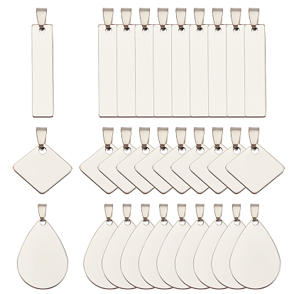 201 pendentifs d'étiquettes vierges en acier inoxydable, avec fermoirs bélières snap on, polissage d'un côté, formes mixtes