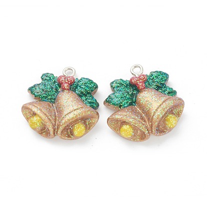 Resin Pendants, for Christmas Festival, with Platinum Iron Peg Bail, Glitter Powder, Bells