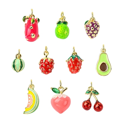 10 шт. 10 стили фруктовые латунные эмалевые подвески, с целью перехода в кольце, долговечный, без кадмия и без свинца, стойки покрытие, реальный 18 k позолоченный