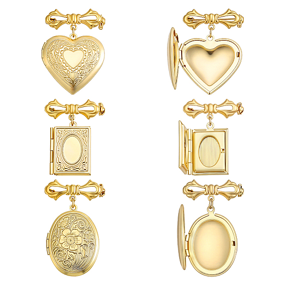 6шт. 3 стили латунные броши, с подвесками медных мешков, сердце, прямоугольник и овал