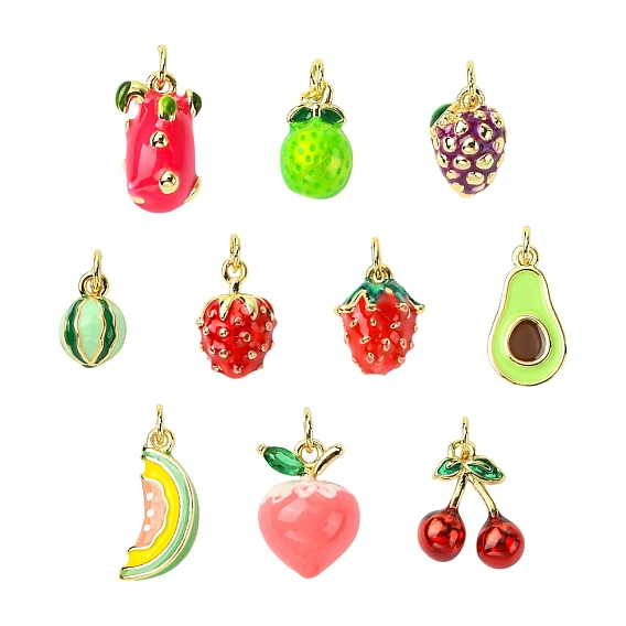 10 шт. 10 стили фруктовые латунные эмалевые подвески, с целью перехода в кольце, долговечный, без кадмия и без свинца, стойки покрытие, реальный 18 k позолоченный