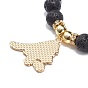 Natural Lava Rock & Synthetic Hematite Round Beaded Stretch Bracelet, Alloy Enamel Bird Charm Bracelet for Women