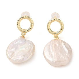 Flat Round Natural Pearl Dangle Earrings, Brass Stud Earrings for Women