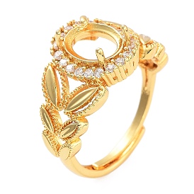 Rack Plating Leaf & Oval Brass Micro Pave Cubic Zirconia Adjustable Ring Components, 4 Claw Prong Ring Settings, Long-Lasting Plated