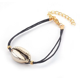Waxed Cotton Cord Bracelets, with Electroplated Shell Beads, Cowrie Shells