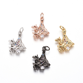 Brass Micro Pave Cubic Zirconia Pendants, with Jump Rings, Christmas Reindeer/Stag & Christmas Tree, for Christmas, Colorful