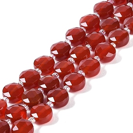 Natural Carnelian(Dyed & Heated) Beads Strands, with Seed Beads, Faceted Hexagonal Cut, Flat Round