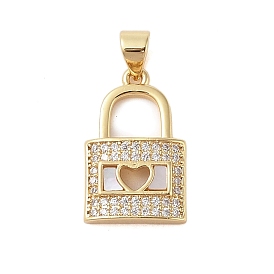 Brass Micro Pave Clear Cubic Zirconia Pendants, with Shell, Lock