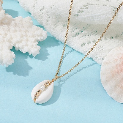 Natural Shell Pendant Necklace with 304 Stainless Cable Chains