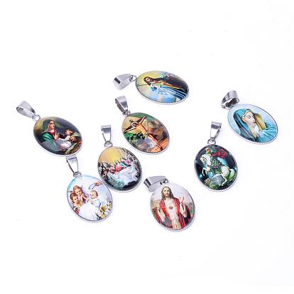 Jesus & Virgin Mary Theme Glass Pendants, For Easter, with 201 Stainless Steel Findings, Oval