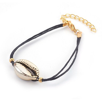 Waxed Cotton Cord Bracelets, with Electroplated Shell Beads, Cowrie Shells