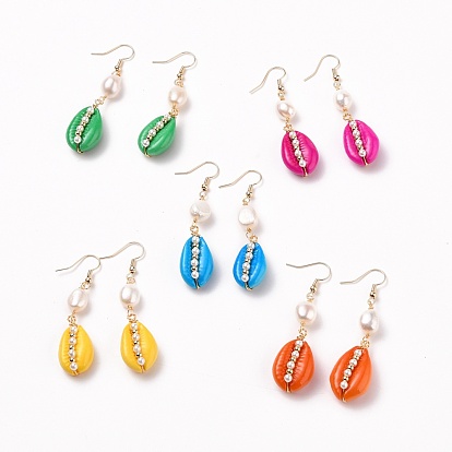 Spray Paint Cowrie Shell Dangle Earrings, with Shell Pearl Beads, Brass Earring Hoops and Brass Beads, Real 18K Gold Plated