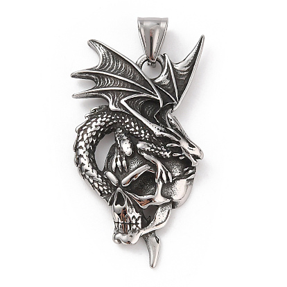 304 Stainless Steel Pendants, with 201 Stainless Steel Snap on Bails, Dragon with Skull Charms