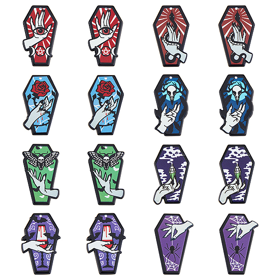 16шт 8 стили непрозрачные акриловые подвески с принтом, для Хэллоуина, гроб с оберегом на руку вампира, глаз/кубок/череп/роза/бабочка/змея/паук/флакон духов