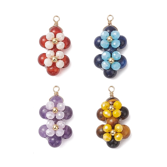 4шт. 4 стили 4шт. 4 стили подвески из медной проволоки с натуральным аметистом, тигровым глазом, лазуритом и сердоликом, , золотые, смешанные окрашенные и неокрашенные