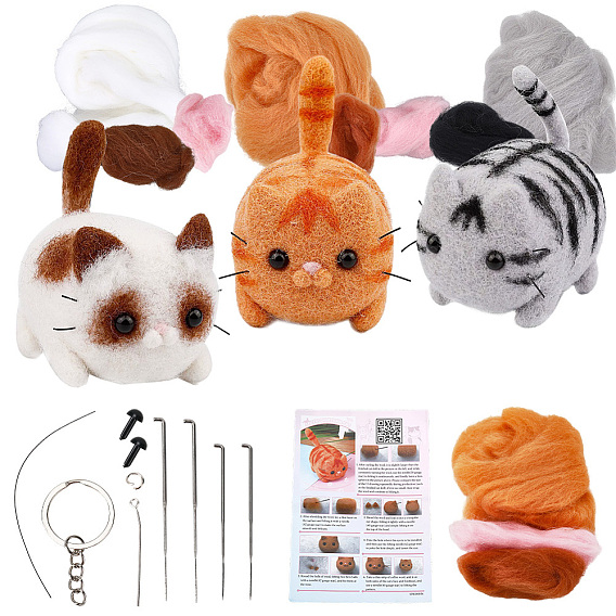 Набор для валяния кошки иглами, включая инструкции, пена, иглы, шерсть, Брелок, наглазники, Перейти кольцо, мел, Кабошоны