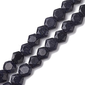 Synthetic Blue Goldstone Beads Strands, Faceted Hexagonal Cut, Hexagon