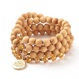 Natural Wood Wrap Bracelet with Synthetic Hematite, Flat Round with Lotus 4 Layer Bracelet for Women