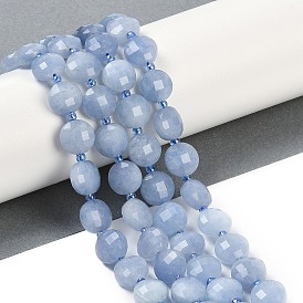 Natural White Jade Beads Strands, Dyed, Imitation Aquamarine, Faceted, Flat Round, with Seed Beads