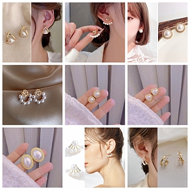 Alloy Imitation Pearl Stud Earrings for Women, with 925 Sterling Silver Pin