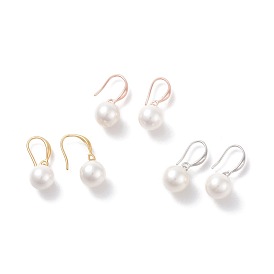 Shell Pearl Dangle Earrings, with Brass Earring Hooks, Round