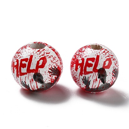 Halloween Spray Painted Wood Beads, Round with Word Help