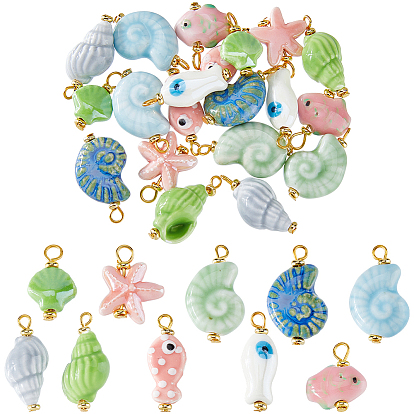 20шт 10 стили фарфоровые подвески ручной работы, ракушка/рыба/морская звезда, с золотыми тонами железных петель