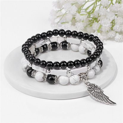 Natural Stone Beaded Bracelet with White Howlite Rectangular Wings Pendant Set, Vintage Jewelry.