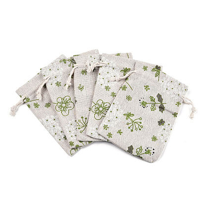 Polycotton(Polyester Cotton) Packing Pouches Drawstring Bags, with Printed Flower