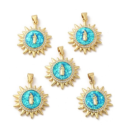 Rack Plating Brass Micro Pave Cubic Zirconia with Synthetic Opal Pendants, with Jump Ring, Lead Free & Cadmium Free, Long-Lasting Plated, Sun with Saint