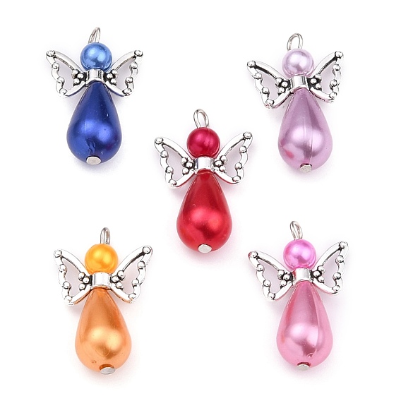 ABS Plastic & Acrylic Imitation Pearl Angel Pendants, with Alloy Wing Beads, for Wedding Decoration