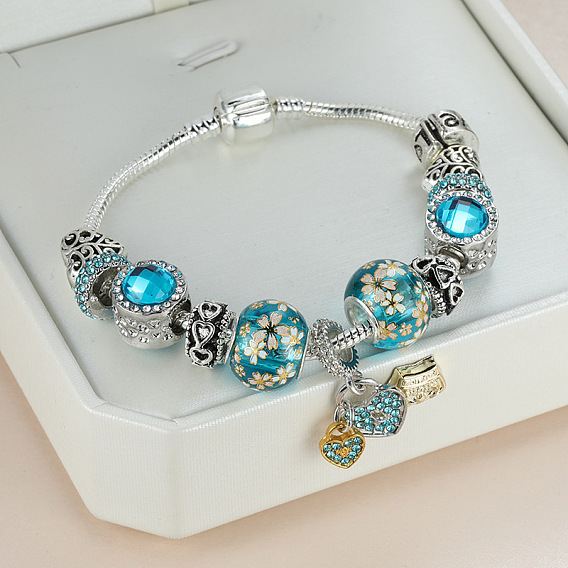 Браслеты из цинкового сплава в европейском стиле, сердце замок, со стеклянной европейские шарики