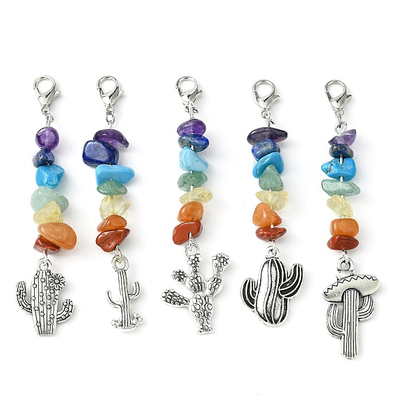 Alloy Cactus Pendant Decoration, with Zinc Alloy Lobster Claw Clasps and Chakra Natural & Synthetic Mixed Gemstone Chips