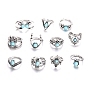 11Pcs 11 Style Synthetic Turquoise Finger Rings Set, Triangle & Moon & Crown & Eagle Alloy Stackable Rings for Women